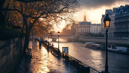 Low-sun riverfront promenade captures wet pavement reflections