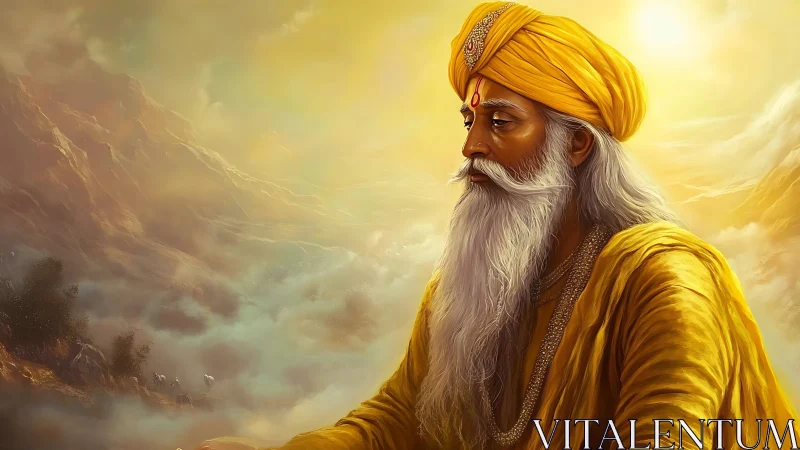 Elderly sage in golden robes contemplates within misty mountains