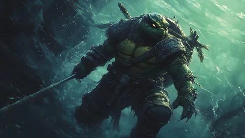 Armored mutant turtle warrior standing in stormy water.
