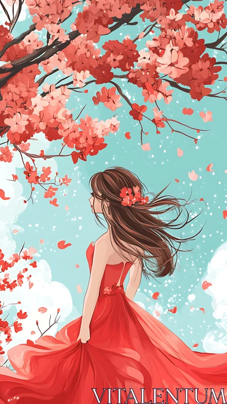 Girl in flowing red dress under pink blossom canopy.