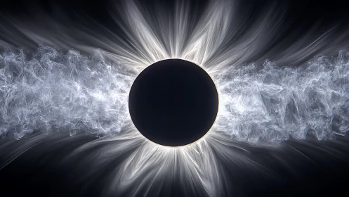 Digital painting of eclipsed core with radial luminous corona.