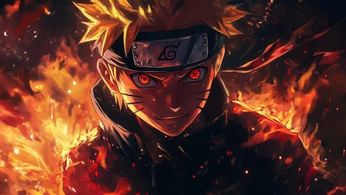 Fiery anime warrior portrait with intense glowing eyes.