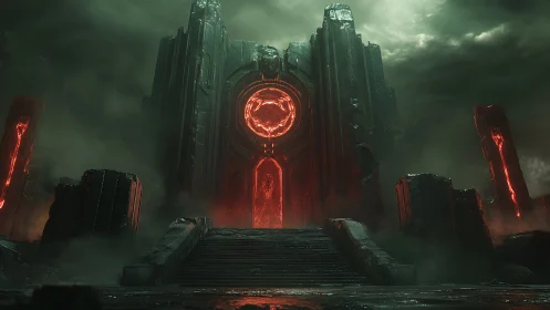 Massive infernal gate with red core in stormy landscape.