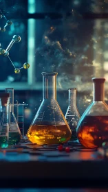 Photorealistic laboratory glassware with luminous reagents composition.