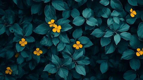 Teal foliage envelopes scattered yellow four-petal flowers in contrast