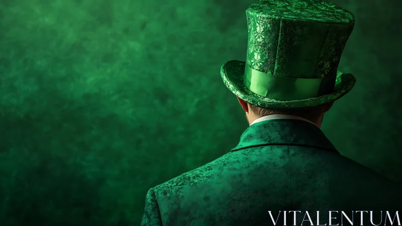 Rear view of male figure in ornate green top hat and coat.