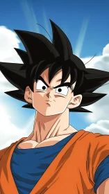 Spiky haired anime warrior stands beneath radiant sky.