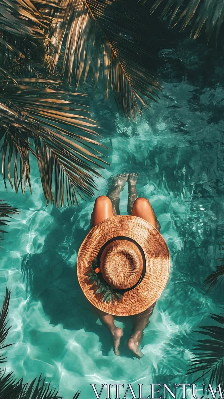 Sunlit straw hat escape over dreamy turquoise water.