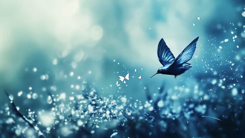 Luminous blue hummingbird glides through sparkling twilight air