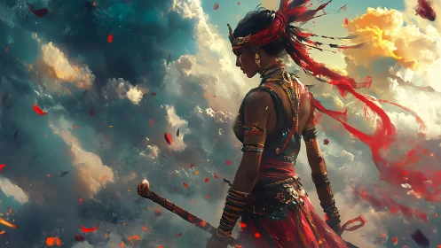 Skyward warrior in swirling clouds of color and quiet fire.