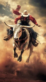 Rodeo bull rider in midair over dusty arena ground.