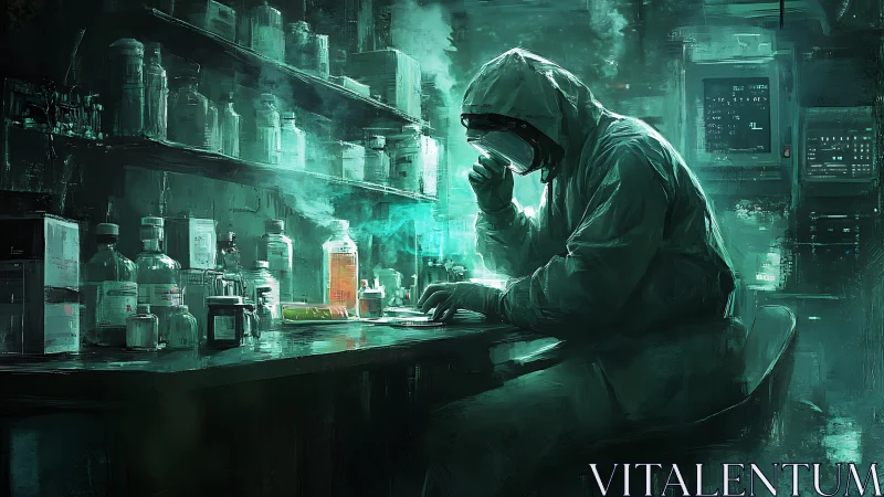 Solitary lab researcher lost in a glow of quiet discovery.