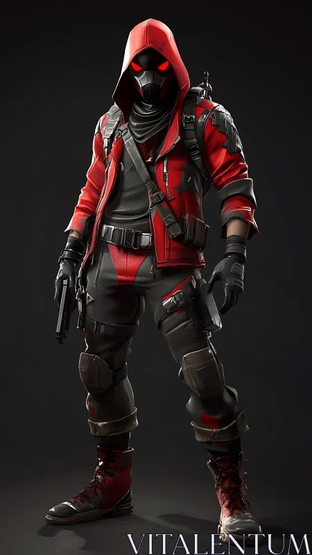 Hooded masked operative in red tactical armor standing.