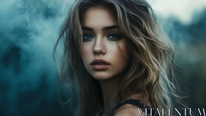 Digital portrait depicts young woman amid diffused blue smoke