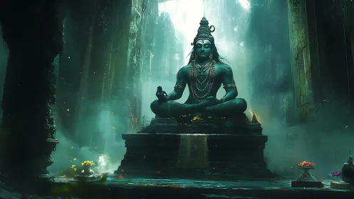 Monolithic Shiva statue in volumetric-lit mossed stone temple nave