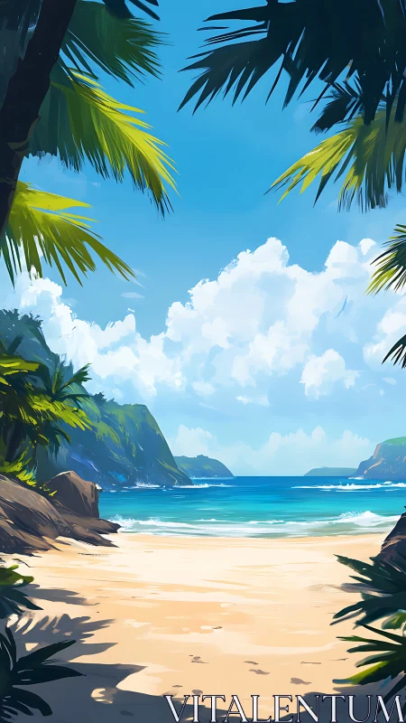 Tropical Beach Paradise. Turquoise Waters, Palm Fronds Frame.