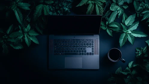 Laptop on dark desk surrounded by foliage and coffee cup.