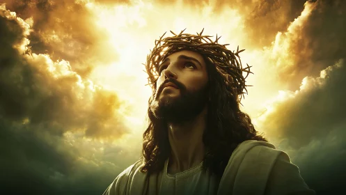 Radiant crowned savior gazes upward through stormlit clouds
