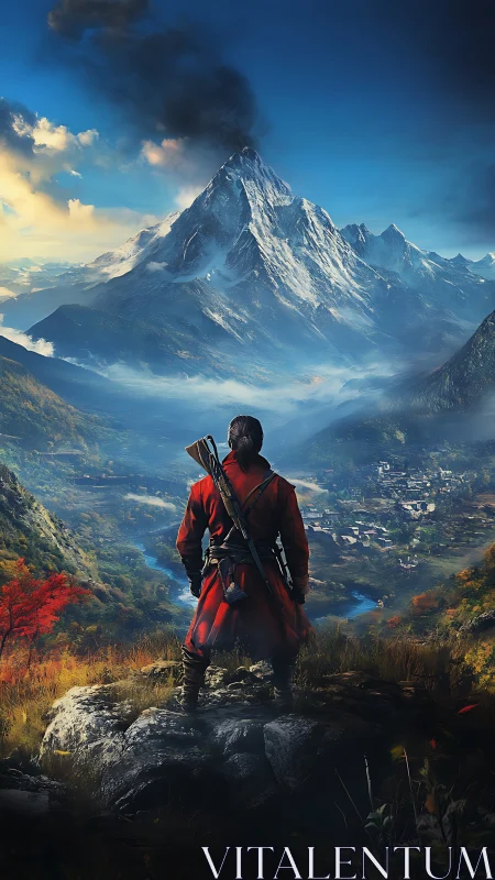 Lone ranger surveys misty alpine valley beneath smoking peak