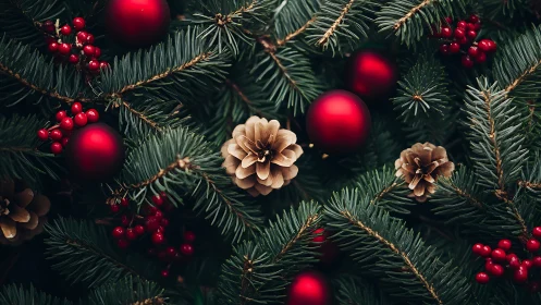 Christmas fir branches with red baubles and pine cones.
