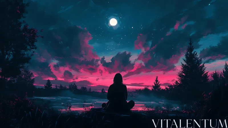 Solitary figure under neon dusk sky by moonlit lake.