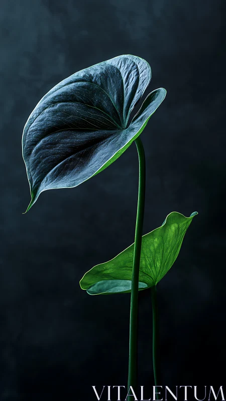 Moody green leaves rise elegantly against a deep shadowed backdrop