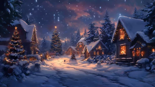 Snowlit Christmas village under glowing winter sky at dusk.