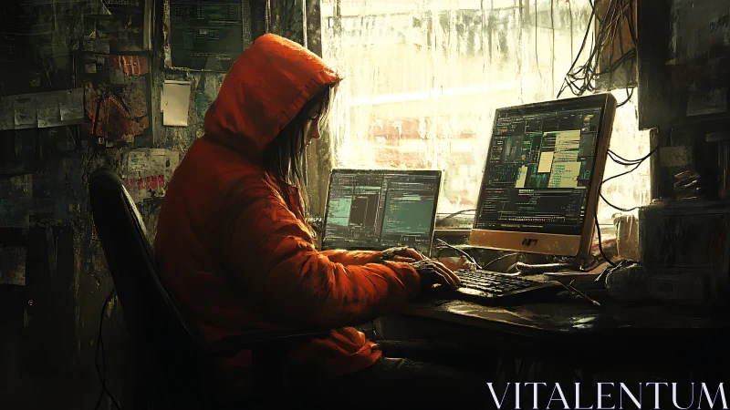 Hooded coder at twin screens in a moody urban workspace.