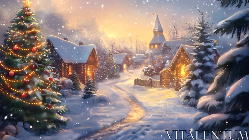 Snowy twilight village with illuminated Christmas tree and cottages