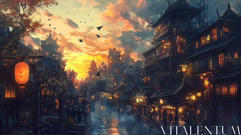 Digital painting of lantern-lit canal city at dramatic sunset.