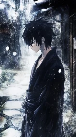 Quiet anime wanderer in soft snowfall and gentle blues.