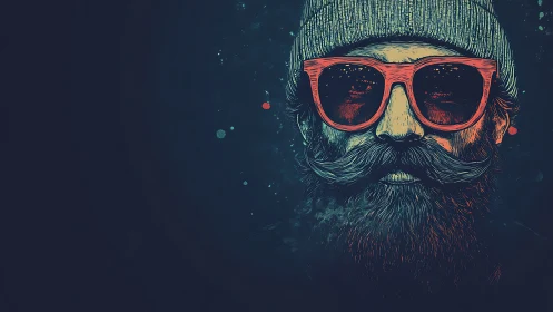Stylized bearded man with red sunglasses on dark background.