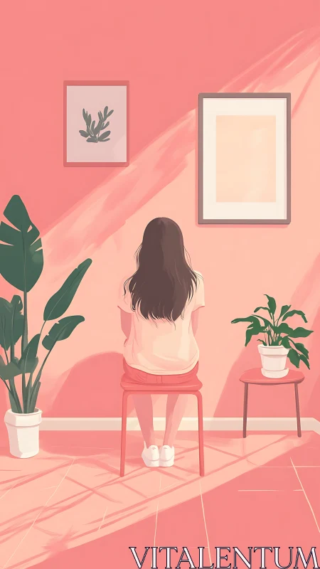 Seated girl in pink interior with plants and framed art.