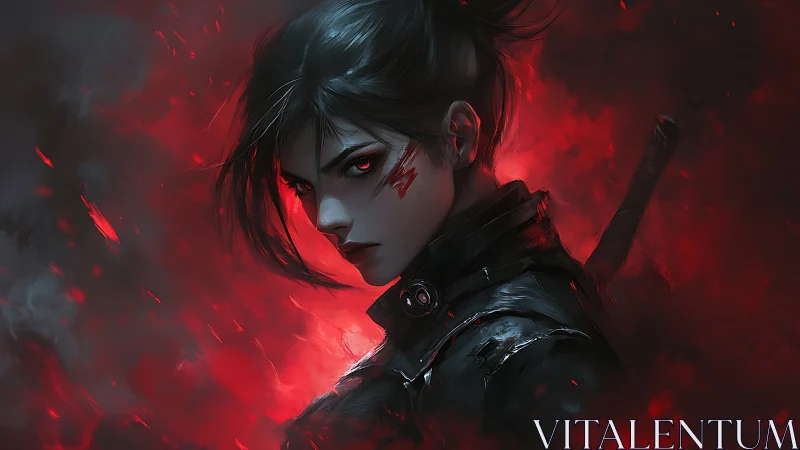 Woman in dark armor stands in red smoke-filled environment