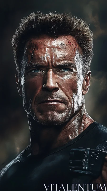 Weathered male warrior portrait with stern expression.