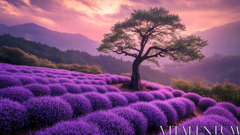 Solitary tree watching over sunlit purple lavender hills.
