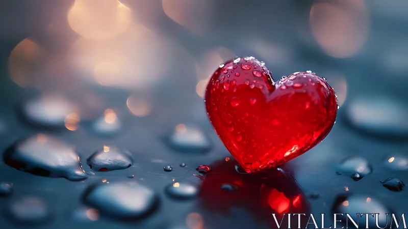 Crimson heart-shaped water droplet glistens with dew on reflective surface.