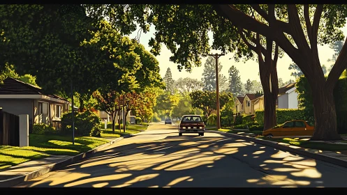 Tree-lined suburban street with parked cars in sunlight.