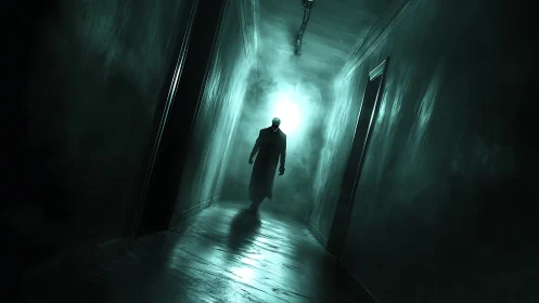 Dark figure walking down eerie green foggy hallway.
