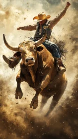 Bull rider explodes through flying dust in mid-air leap.