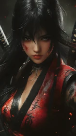 Cinematic close-up of scarred katana warrior in red armor