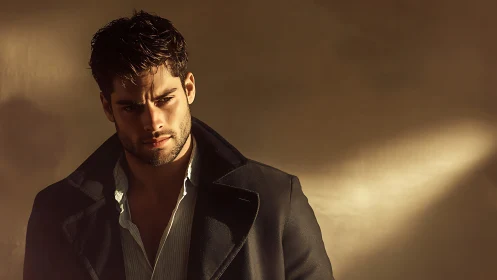 Shadow-sliced light studies a brooding man in midnight wool