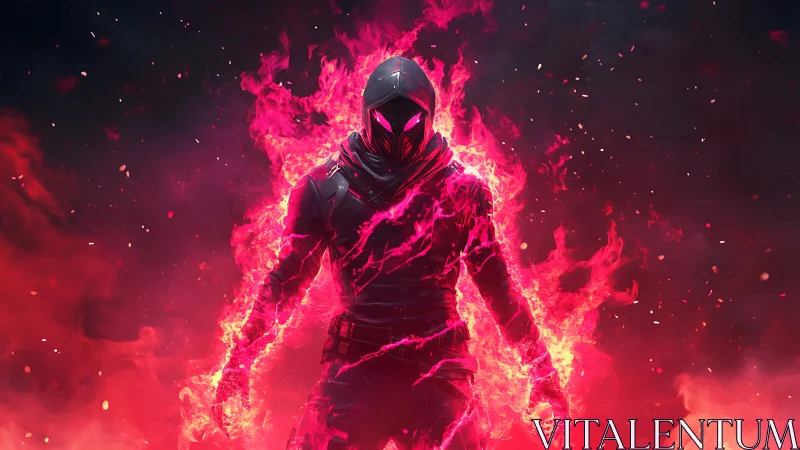 Flameborn specter strides through neon embers of oblivion.