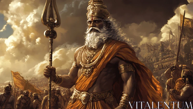 Mythic warrior king with trident amid storm-lit battlefield