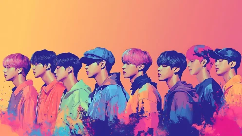 Pop art linear portrait of seven figures in neon gradients.