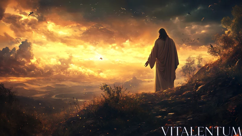 Solitary robed figure observing illuminated valley at sunset.