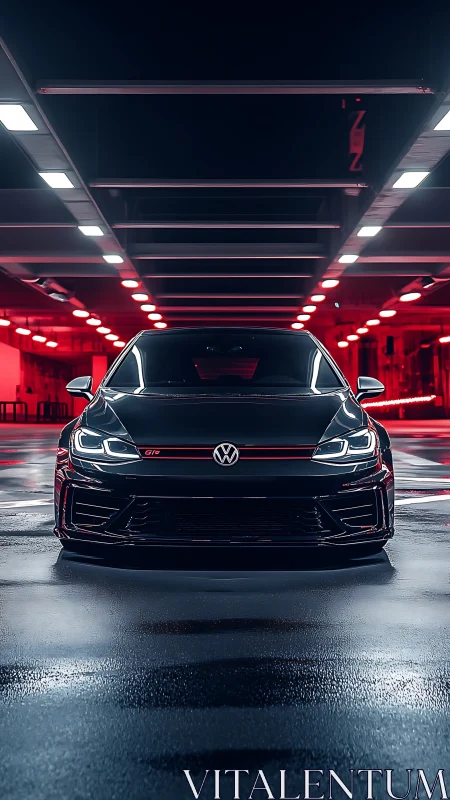 Sleek black VW GTI stands under red neon garage lights