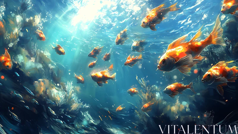 Golden koi drifting through sunlit underwater reefscape.