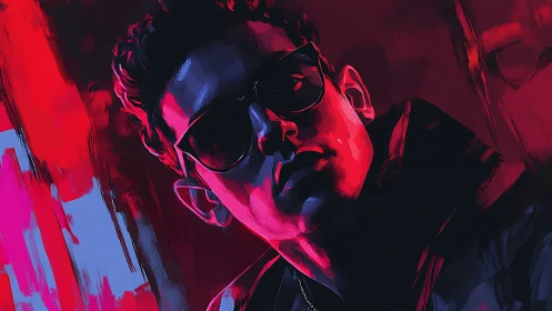 Male figure in sunglasses under red and blue lighting.
