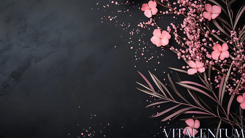 Pink Flowers on Dark Textured Background with Floating Petals.
